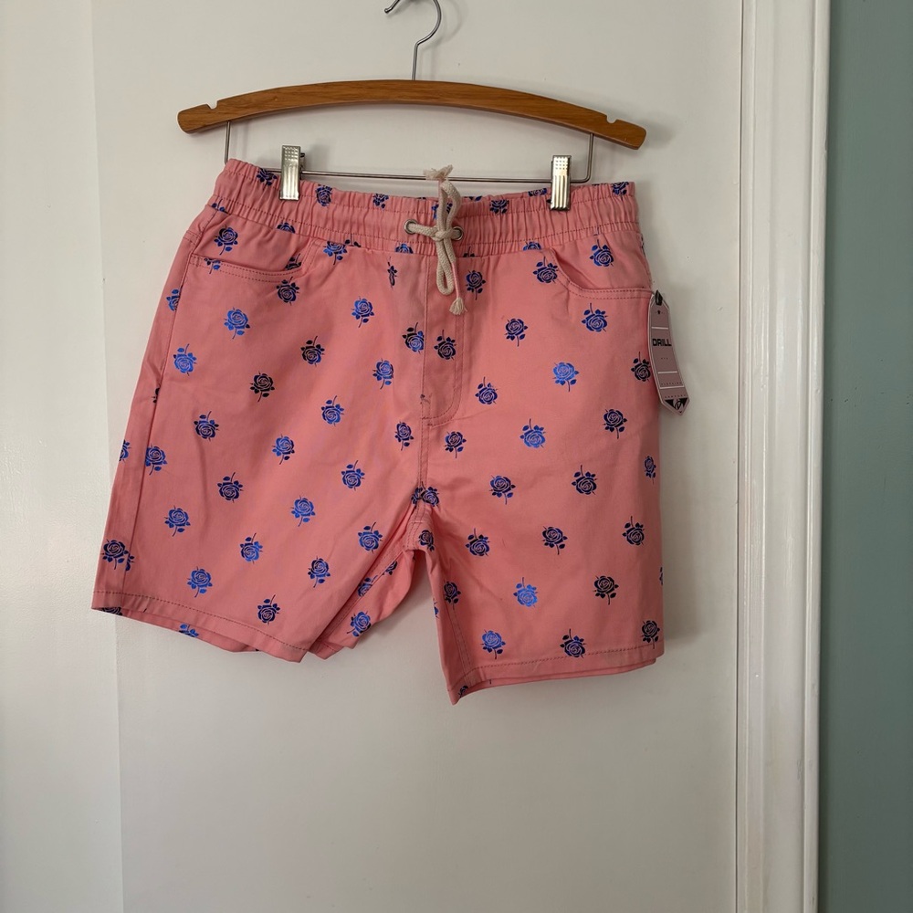 Pink Shorts with Blue Floral Pattern Large